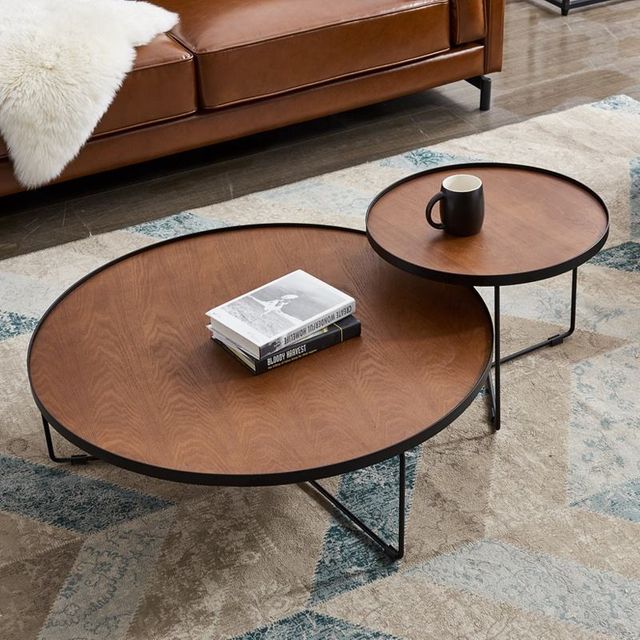 Venta al por mayor, muebles de sala de estar, juego de mesa de centro con estructura met&aacute;lica superior de madera redonda simple y peque&ntilde;a